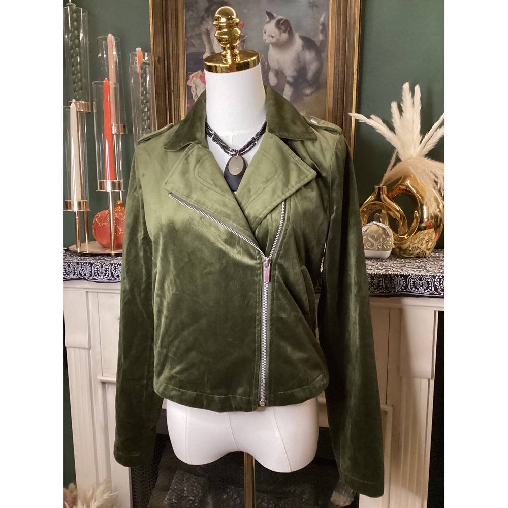 LC Lauren Conrad Olive Green Faux Suede Moto Jacket XS Asymmetrical Zip